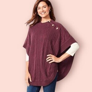 Talbots Cable Knit Button Collar Round  Hem Poncho, Size S